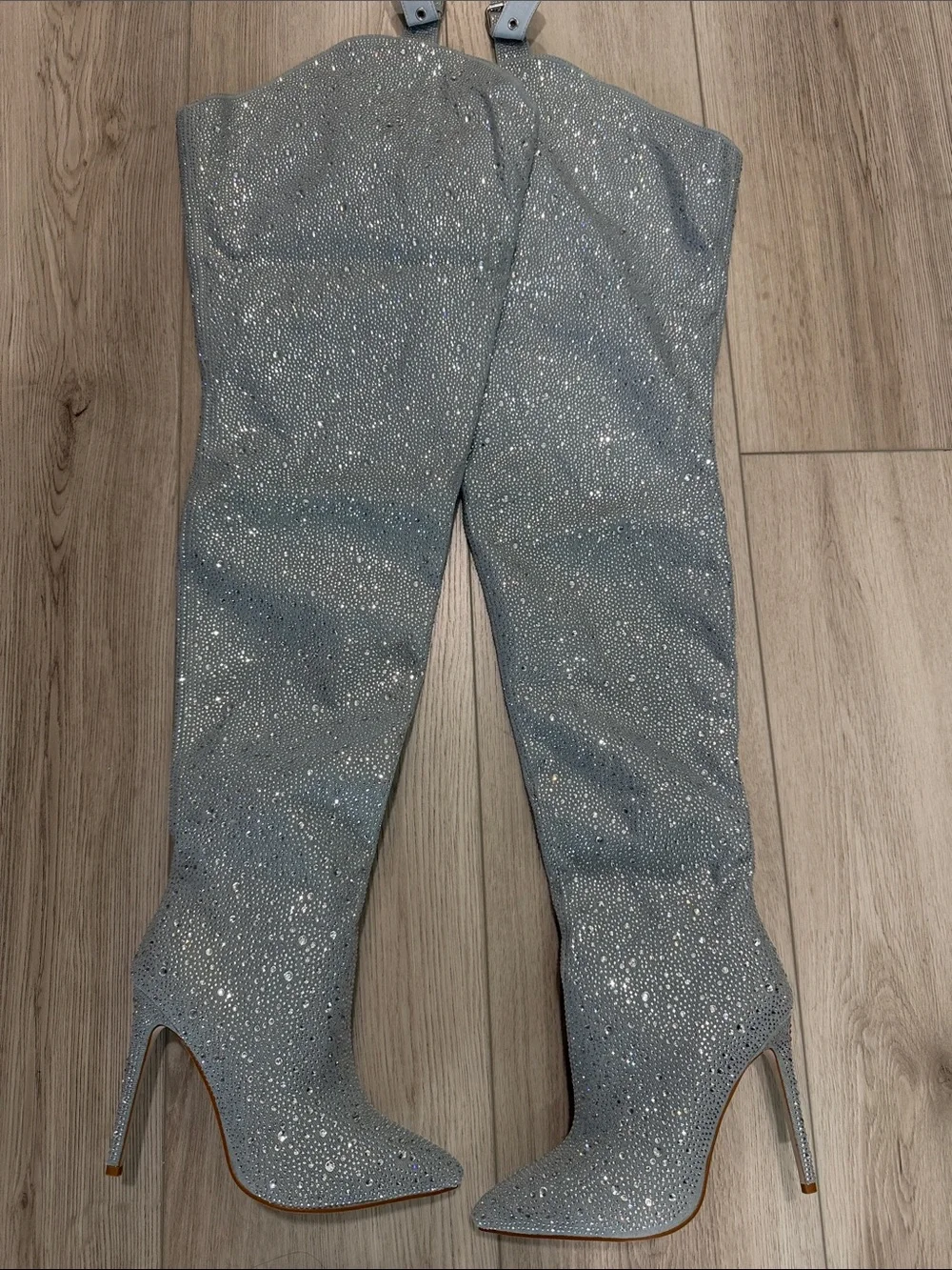 Sparkle Embellished Silver Over-the-Knee Stiletto Boots